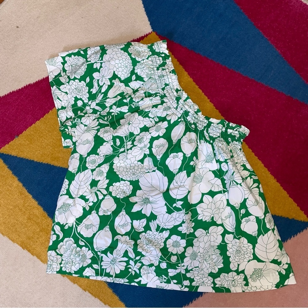 J. Crew Smocked One Shoulder Kelly Green Floral Blouse Top Small - Picture 7 of 8